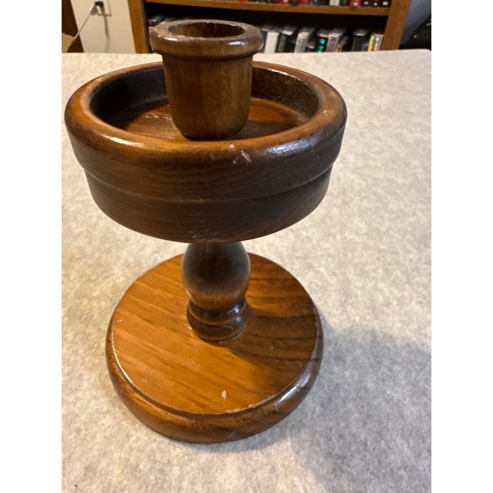 Vintage Turned Wood Candlestick Holder Pedestal Pillar Taper Stand Brown 6.5in